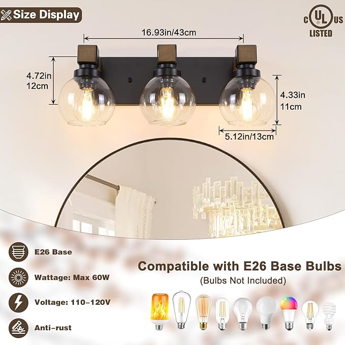 Farmhouse Bathroom Light Fixtures, 3-Light Rustic Wood Bathroom Lights Over Mirror with Glass Globe Shades, Matte Black Wall Mounted Lamp Vanity Lights for Bathroom Bedroom Living Room Cabinet