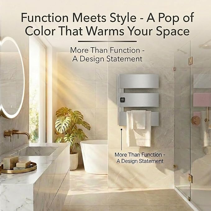 Electric Towel Warmer, Heated Towel Rack with Thermo Control and Timer, Fast Heating Towel Rail for Bathroom with Memroy Function, Work with Smart Plug, Left-Wiring, 3 Panel, Silver