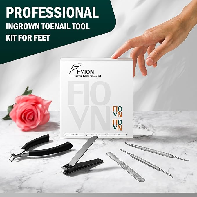 FVION Ingrown Toenail Tools Kit 5 Pcs, Toenail Clippers for Thick & Ingrown Nails, Ingrown Toenail Removal Correction Nail Clippers, Nail File Lifter, Professional Manicure Pedicure Tools