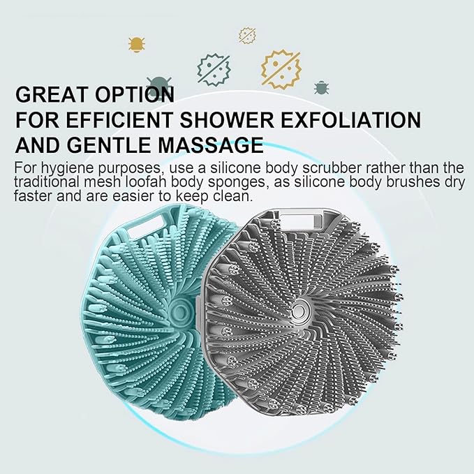 RamPula Silicone Body Scrubber, Silicone Loofah, Quick-Dry Exfoliating Body Brush for Wet or Dry Brushing, More Hygienic Than Traditional Loofah, Medium-Bristle Brush, Eucalyptus Green and Gray