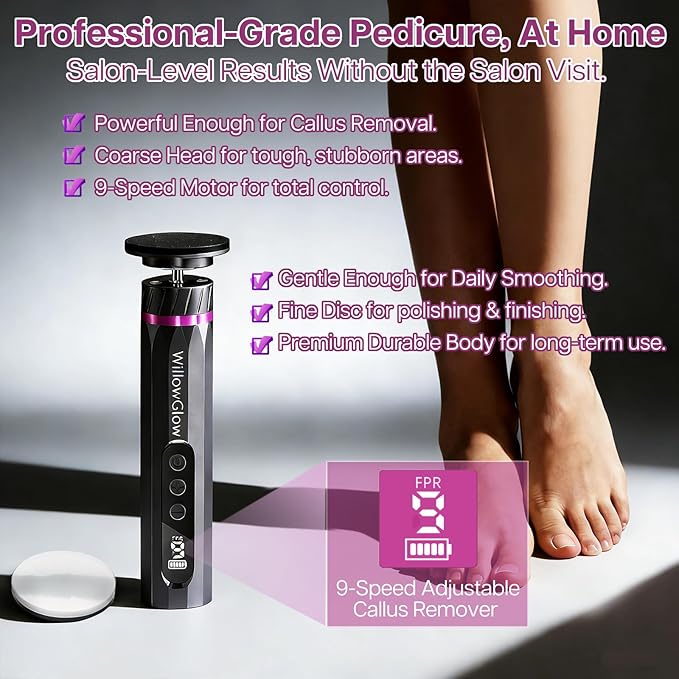 Professional Electric Foot Callus Remover, 9-Speed Cordless Foot File with Reusable Nano Glass Heads & Sandpaper for Dead Skin Removal and Smooth Feet