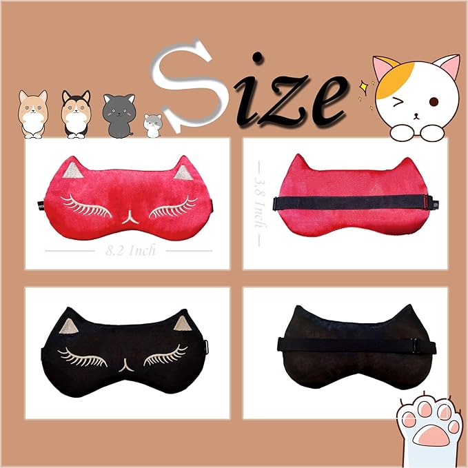 Cute Cat Sleep Mask for Kids (Red&Black), 2 Pack Silk Sleeping Eye Cover Adjustable Mask Night Eyeshade Cover for Girls Boys Women Men Sleep Travel Party