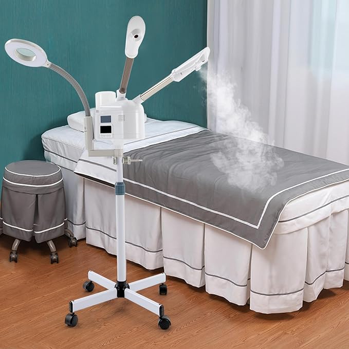 3 in 1 Facial Steamer, Professional Rolling Facial Steamer with 5X LED Magnifying Lamp, Warm Cold Mist Digital LCD Screen Ozone Facial Steamer for Salon Spa Beauty Skin Care