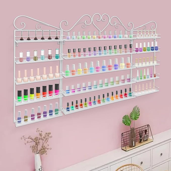 DouSeiAi 5-Tier Wall Mounted Nail Polish Storage Rack, Metal Cosmetic Organizer for Lipstick, Perfume & Essential Oils, Display Shelf for Home, Spa, Nail Salon, White