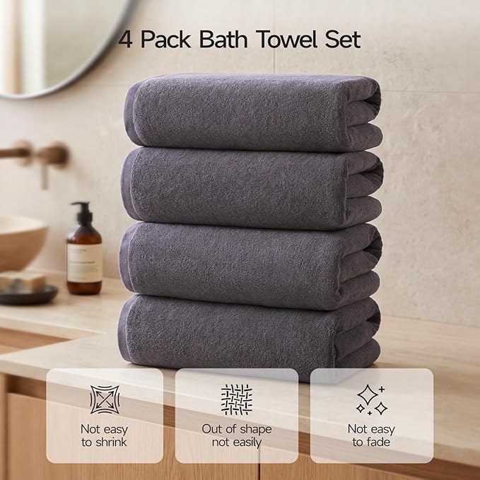 ecolook Bath Towels Set of 4,100% Cotton,27 x 55 Inches,Quick-Drying & Absorbent,Soft,Lightweight Towels for Bathroom,Shower,Spa, Gym & Hotel,Gray Purple