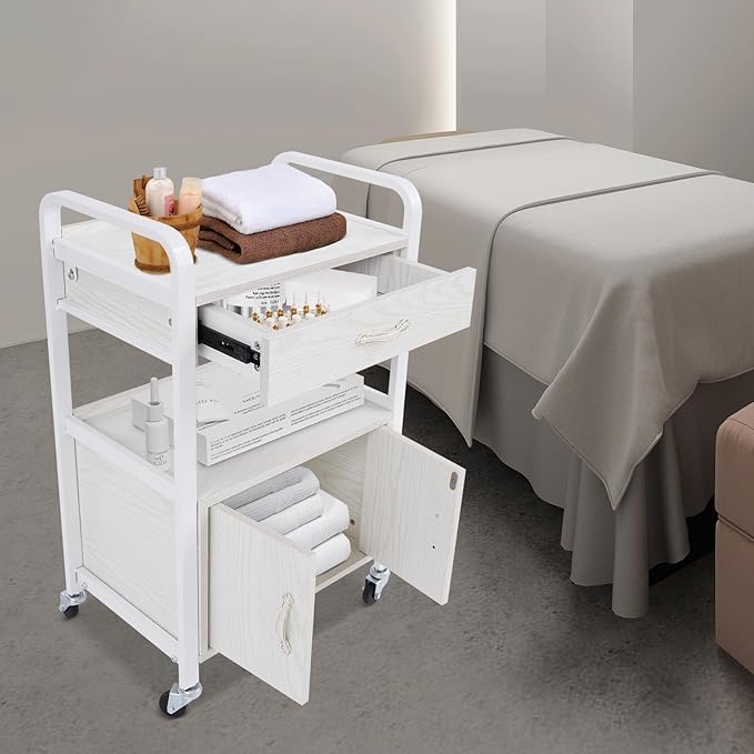 Salon Trolley Cart with Wheels, Mobile Utility Storage Cabinet with 1 Drawer & Shelves, 165lbs Load Capacity Rolling Cart for Beauty SPA Nail Salon, White