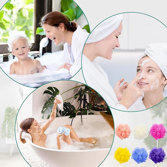 Siifert 50 Pieces Bath Sponge Shower Loofahs Bulk Bath Luffas Exfoliating Body Scrubber Pack Colorful Mesh Balls Travel Cleaning Wash Puff Bathing Accessories for Kids Women Men Body Wash, 6 Colors