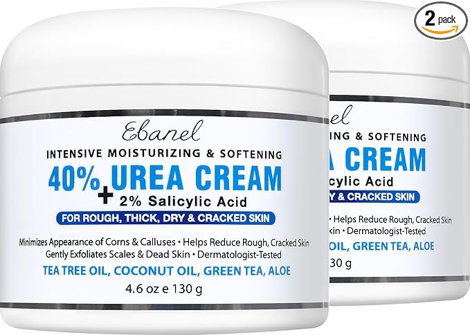 Ebanel Urea Cream 40% plus Salicylic Acid 2%, Foot Cream for Dry Cracked Heels Feet Knees Elbows Hands, Foot Dead Skin Cuticle Callus Remover Toenail Softener, Keratolytic Skin Barrier Repair, 2-Pack