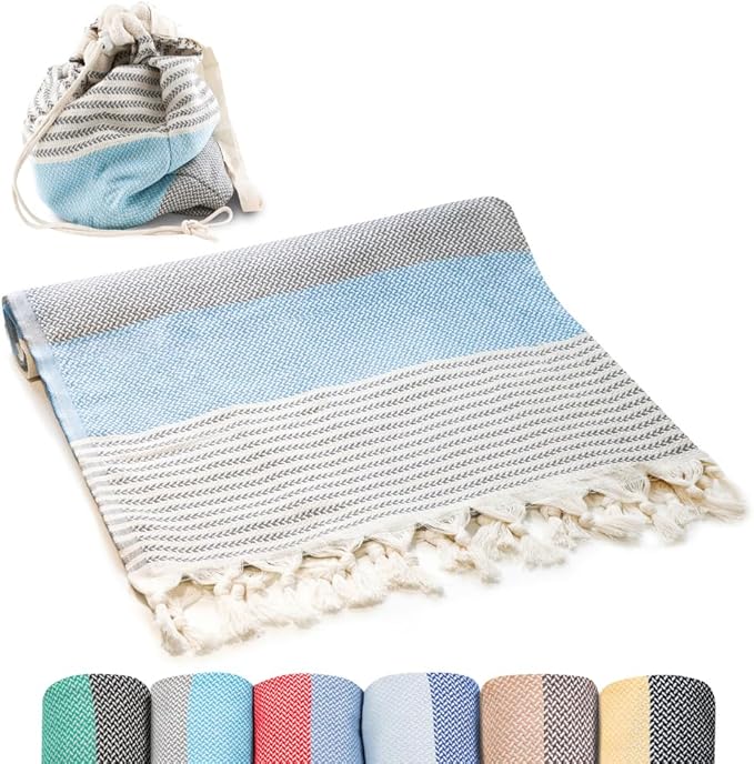 ATANI Turkish Beach Towel (71x39 Inches), Converts to a Bag, Oversized 100% Cotton Bath Towels Lightweight Quick-Dry Beach Blanket for Travel, Picnic, Camping, Yoga and Pool(Grey x Turquise)