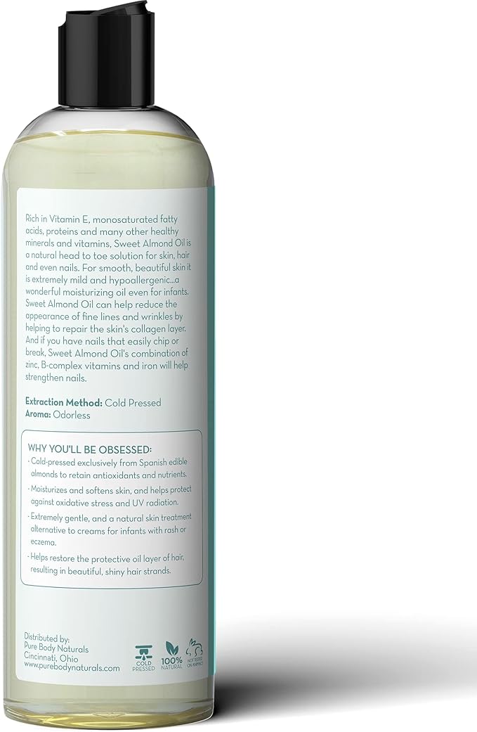 Pure Body Naturals Sweet Almond Oil for Skin and Hair, Cold Pressed Almond Oil, Almond Body Oil, Sweet Almond Carrier Oil, Fast Absorbing Moisturizer, 16 fl oz