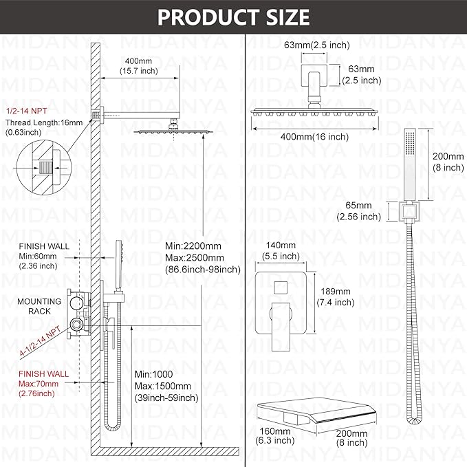 Midanya Shower System with Tub Spout,Bathtub Shower Faucet Set with Square Rainfall Head and Handheld Sprayer Wall Mount Tub Faucet Set with Valve and Trim Kit,16 Inch Brushed Nickel