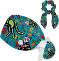 Ethnic Aztec Pattern Adjustable Scrub Cap Hat with Button, Working Hat Sweatband with Bow Hair Scrunchy for Woman