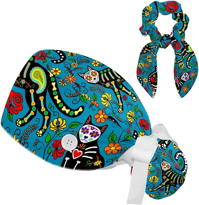 Ethnic Aztec Pattern Adjustable Scrub Cap Hat with Button, Working Hat Sweatband with Bow Hair Scrunchy for Woman