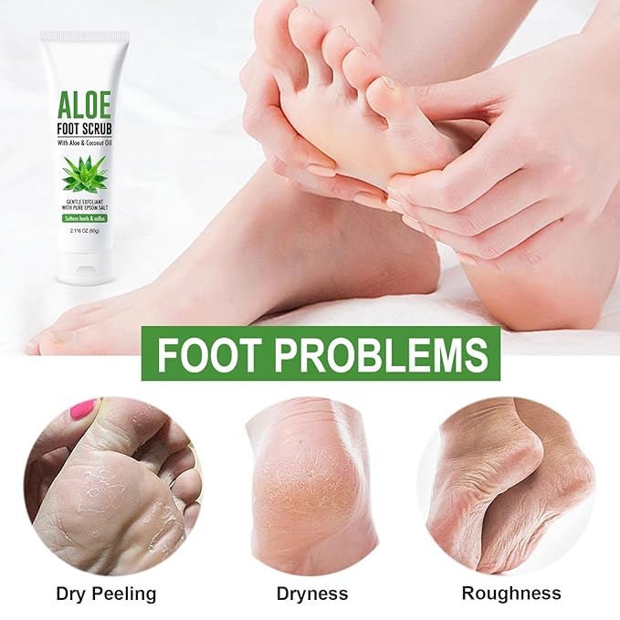 Aloe Vera & Coconut Oil Foot Scrub - Foot Exfoliating Scrub with Vitamin E Pure Salt Moisturize for Dry, Rough, Cracked Feet Heels and Calluses - Feet Exfoliator for Women and Men (2 Pack, 2.1oz)