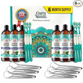 GuruNanda CocoMint Oil Pulling Mouthwash for Complete Oral Hygiene, 7 Essential Oils & Vitamins for Happy Teeth & Gums & Fresh Breath, with 2 Toothbrushes & Tongue Scraper, Alcohol-Free, 6X8 oz