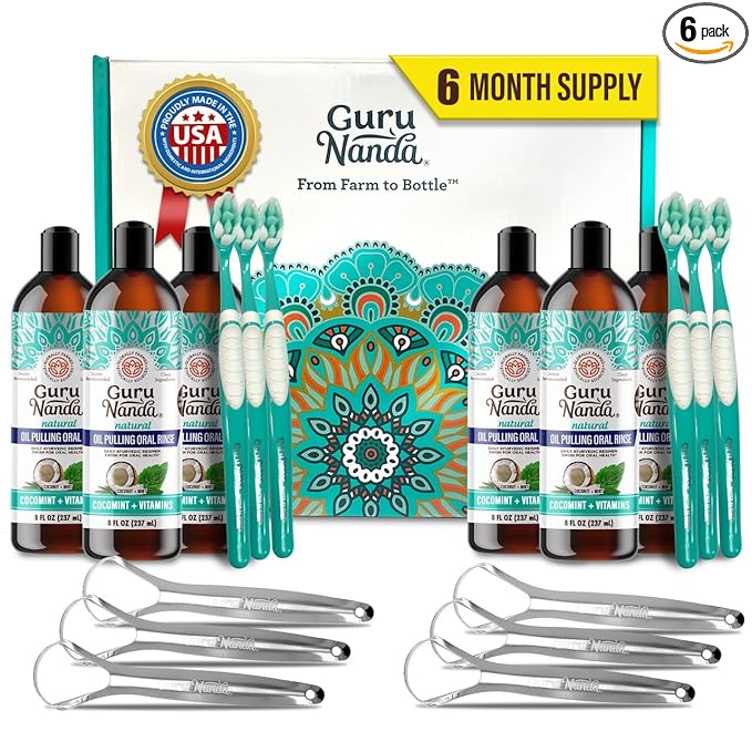 GuruNanda CocoMint Oil Pulling Mouthwash for Complete Oral Hygiene, 7 Essential Oils & Vitamins for Happy Teeth & Gums & Fresh Breath, with 2 Toothbrushes & Tongue Scraper, Alcohol-Free, 6X8 oz