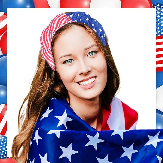 Beleki Spa Headband for Washing Face Wristband Set Sponge Makeup Skincare Headband Terry Cloth Bubble Puffy Hairband Non Slip Patriotic Hair Accessory for Women - 4th of July