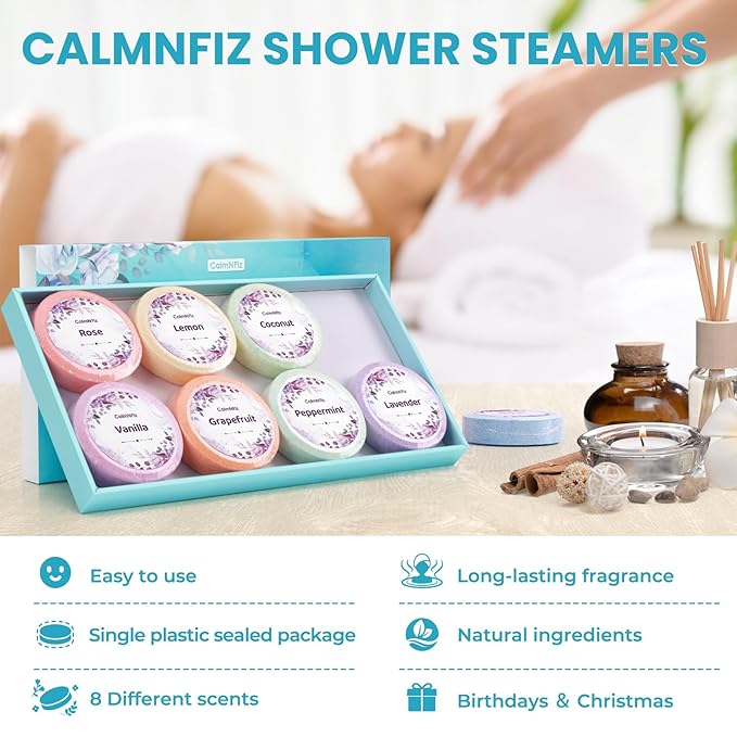 CalmNFiz Shower Steamers 8 Pack Set Shower Bombs Tablets in Box with 8 Fragrances with Shea Butter for Self-Care & Relaxation, Idea for Valentine's Day, Women and Men
