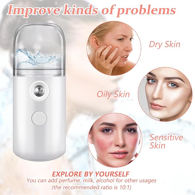 Mudder 4 Pcs Nano Facial Mister Handy Nano Mist Sprayer 30ml Visual Water Tank Portable Face Steamer Mini USB Mister for Lash Extensions, Skin Care, Makeup(White, Light Pink, Blue, Pink)