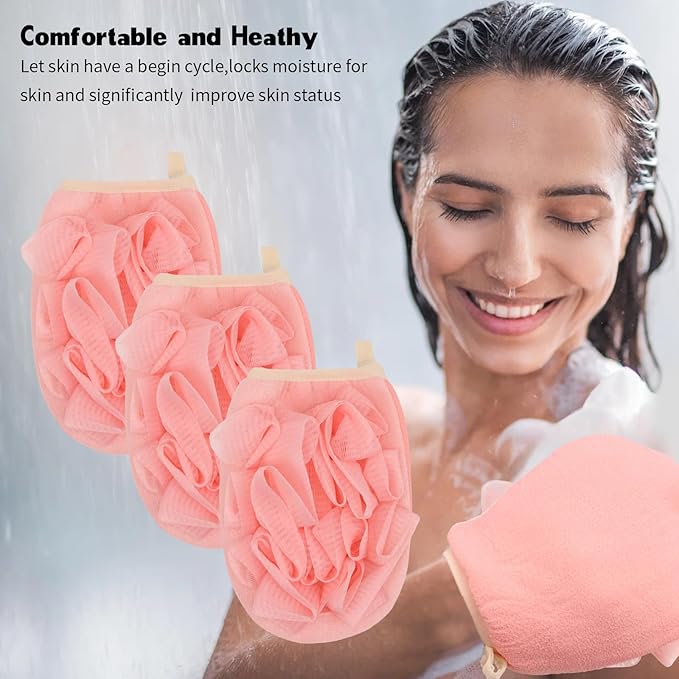 3 Pack Bath Loofah Body Sponge Brushes Loofah Exfoliating Glove Bath Shower Glove with Flower Bath Ball (Pink)