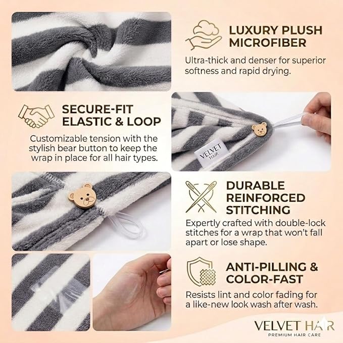 3 Pack Microfiber Hair Towel Wrap for Women, Fast Drying Hair Turban with Button, Anti-Frizz Large Hair Towel for All Hair Styles, Soft & Absorbent Hair Drying Towel