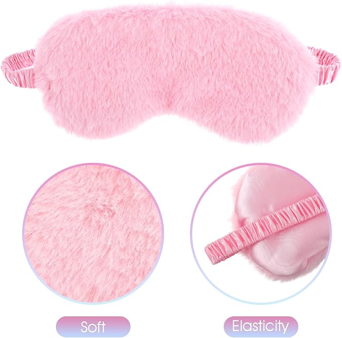 2 Pcs Plush Eye Mask Soft Sleeping Blindfold Eye Cover Comfortable Furry Faux Fur Sleeping Mask Satin Nap Night Eyeshade Cover for Women Men Gift (Pink, Red)