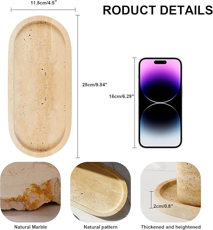 WORHE Natural Travertine Vanity Tray Waterproof Italy Marble Bathroom Organizer for Perfume, Candles & Jewelry Non-Slip Oval Storage Tray for Spa, Bedroom, Kitchen 9.8" x 4.5" Beige (WH028)