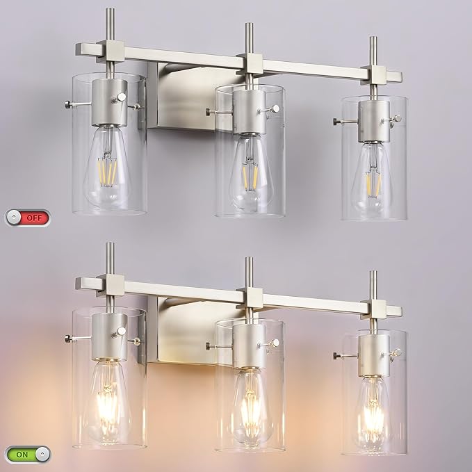SOLFART 3 Lights Vanity Light Bathroom Light Fixture Over Mirror for Bathroom Glass Shade Lights Brushed Nickel Vintage Lighting Fixture