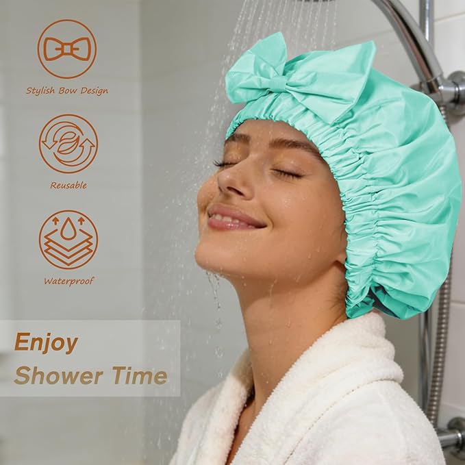 Shower Cap for Women, Cute Bow Waterproof Reusable Bath Cap, Non-Slip Anti Humidity, Roomy Anti-Frizz for Short Medium Wavy Hair, Soft Elastic & Machine Washable, Aqua