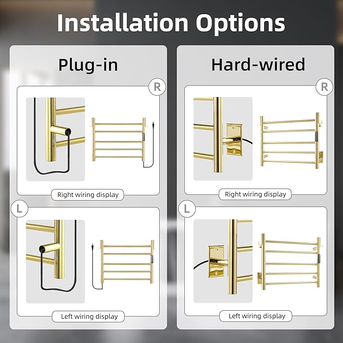 P&Dlusir Towel Warmer, Heated Towel Rack with Smart Timer and Thermo Control, Wall-Mounted Heated Towel Rail, Stainless Steel, Hard-Wired/Plug-in, Polished Gold, 5 bar