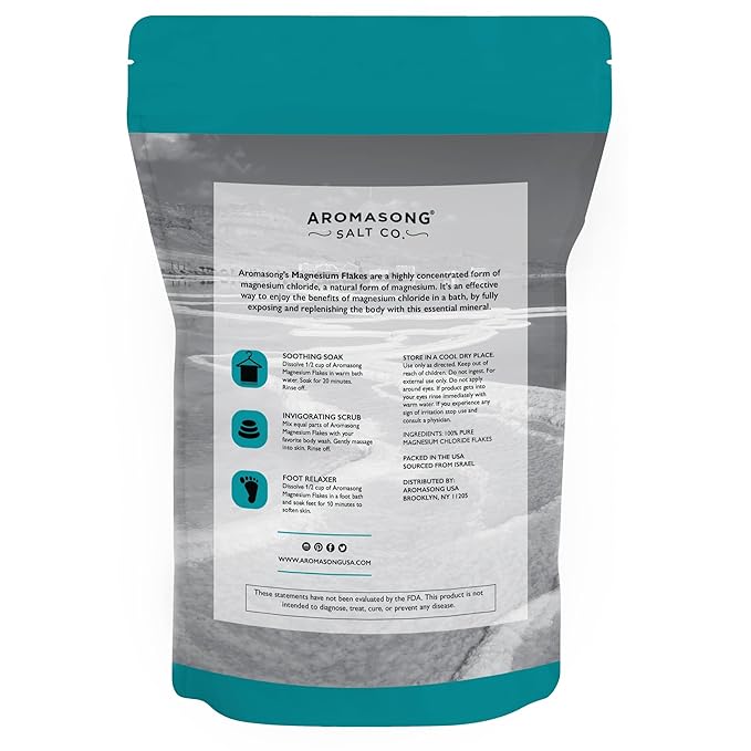 Aromasong Magnesium Flakes for Bath from The Dead Sea- 12 LB Resealable Pack Magnesium Chloride Flakes -Organic Bath Salt Muscle Relaxing Mineral Soak