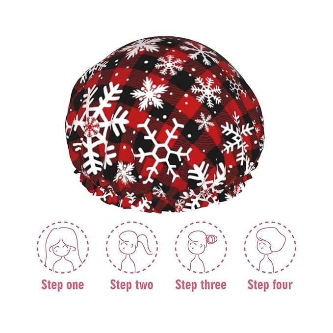 Christmas Snowflakes Shower Cap For Women Reusable Waterproof Double Layers Bath Cap Hair Protection Elastic Ladies Spa Salon Shower Hat