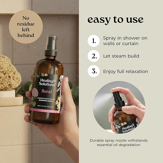 Healing Solutions Aromatherapy Shower Spray, Floral Blend, 4oz, Therapeutic Grade Essential Oils, Made in the USA, At Home Spa Experience