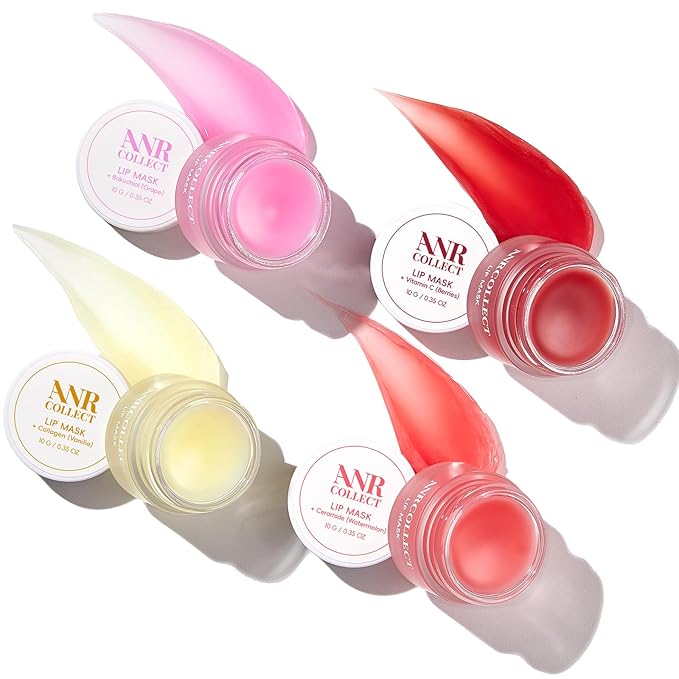 ANRCOLLECT Lip Mask Overnight Set, 4Pcs Lip Care Hydration Treatment Exfoliator Mask Kit, Revives & Nourishes Gift Set for All Day Moisturizing with Collagen & Shea Butter