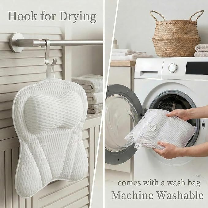 Bath Pillow for Tub, Soft Bathtub Pillow for Neck & Back Support with Breathable Fabric, Non-Slip Suction Cups, Quick-Dry Bathtub Accessory for Home Use