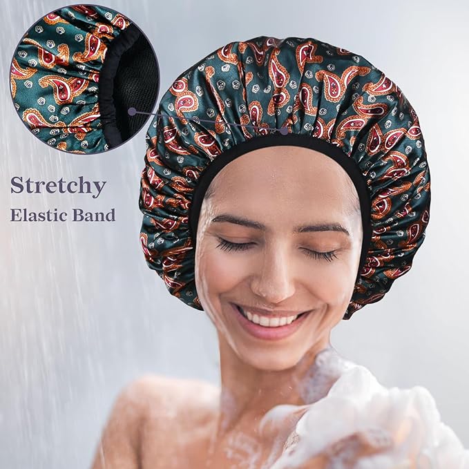 Paisley Satin Shower Cap, Three-Layer Terry Cloth Lined, with Silk Hair Ties, Microfiber Waterproof Reusable Large Size Shower Cap for Women Long Thick Hair (Red Bandana)