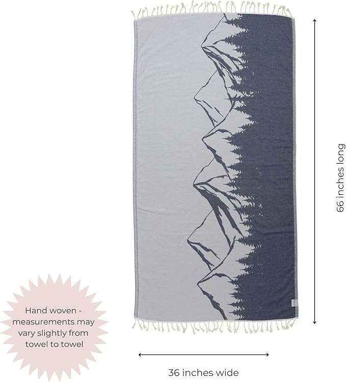 InfuseZen Turkish Towel with Mountain Landscape – 100% Organic Turkish Cotton - Sand Free Quick Dry Beach Peshtemal – Thin Reversible Absorbent Pool Hammam – Plus Size Gym, Travel Fouta (Navy)