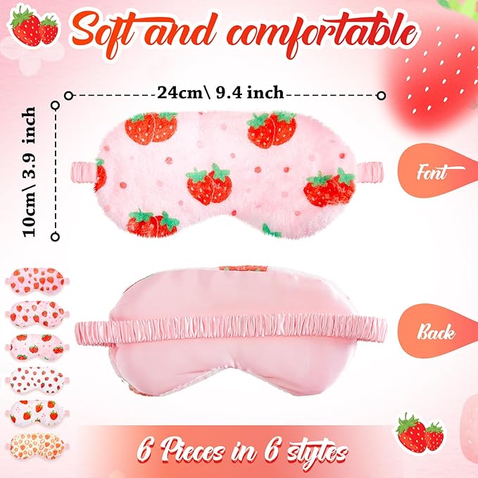 Cuffbow 6 Pack Plush Sleep Mask Set, Cute Plush Eye Masks for Sleeping, Soft Comfortable Travel Nap Blindfold, Sleepover Party Favors for Women(Strawberry,Pink)