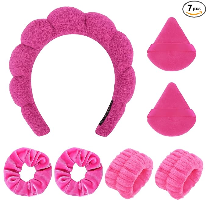 7Pcs Puffy Spa Set: Terry Cloth Headband, Wristbands, Scrunchies, Powder Puffs, and Sponges for Skincare, Face Washing, and Makeup Removal - Rose