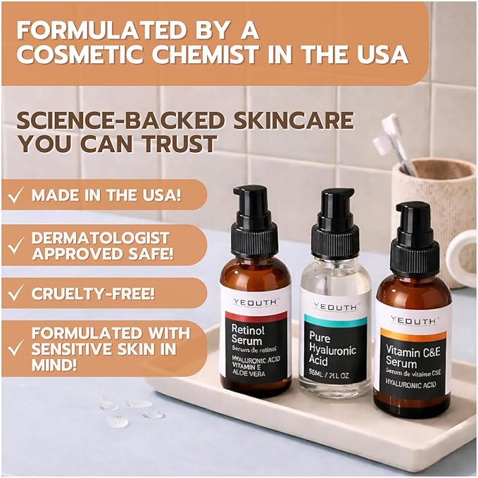 YEOUTH Skin Care Set: Retinol Serum for Face, Vitamin C and Hyaluronic Acid Face Serum, Facial Skincare Serums that Targets Appearance of Uneven Skin and Dryness 3x1 oz