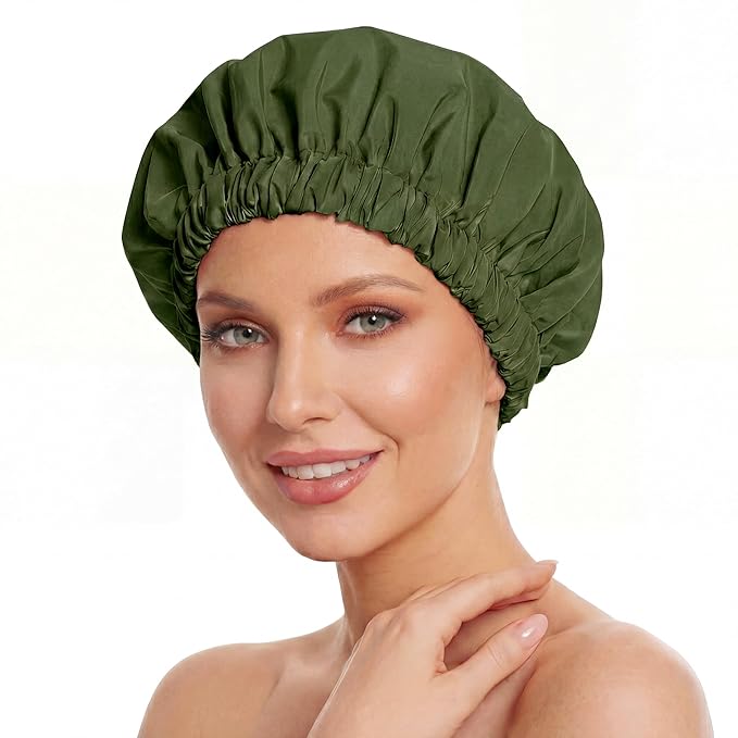 Reusable Shower Cap for Women, Large Waterproof Shower Bonnet with Elastic Band, Washable Bath Hair Cap for Long, Curly Hair, Braids, Daily Shower, Home Spa, Travel(Army Green)