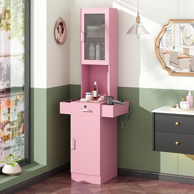 RESHABLE Salon Station for Hair Stylist,Hair Styling Storage Cabinet with Glass Door,Tool Dryer Holders, Salon Beauty Spa Barber Hair Staion, Pink