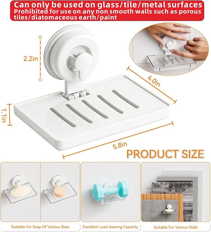 SUOXING 2 Pack Bar of Soap Holder for Shower with Suction Cup,Rustproof Wall Mounted Acrylic Shower Soap Rack & Caddy for Bathroom,Bath,Kitchen,Plastic Self Draining Soap Holder and Soap Shelf,White