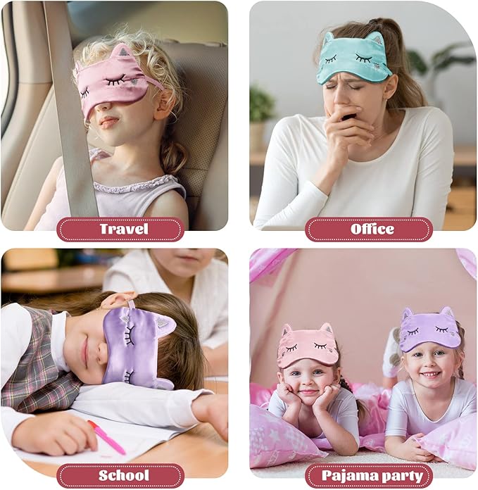 Haysandy 3 Pieces Sleep Mask for Kids Girls Cute Cat Sleeping Eye Cover Soft Mask Comfortable Funny Animal Night Eye Blindfold Cover for Kids Girls Women Home Travel(Silk Cat)