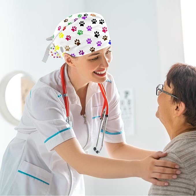 Ethnic Aztec Pattern Adjustable Scrub Cap Hat with Button, Working Hat Sweatband with Bow Hair Scrunchy for Woman