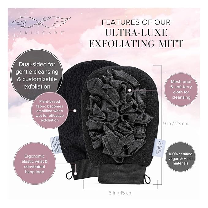 Seraphic Skincare Ultra-Luxe Exfoliating Mitt for Traditional Korean Exfoliation – Body Exfoliator with Mesh Shower Gloves for Gentle Cleansing, Viscose Fiber Loofah to Exfoliate and Rejuvenate Skin