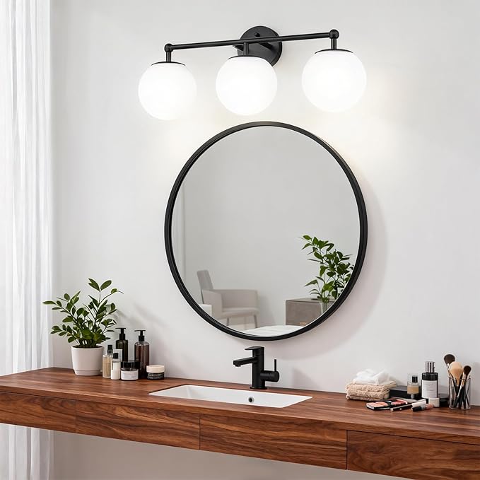 AKEZON 3-Light Black Bathroom Vanity Light Fixture, Modern Minimalist Vanity Lights with Milky White Glass Globe Shade, Wall Sconce Over Mirror Lighting for Bathroom Dressing Table Bedroom Living Room