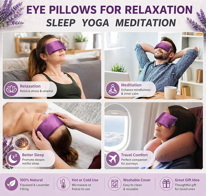 Lavender Eye Pillow for Relaxation & Sleeping – Aromatherapy Eye Pillow with Flax Seed & Lavender, Hot Cold Compress, Lavender Eye Mask, Yoga Eye Pillow Weighted for Migraine Sinus Stress Relief
