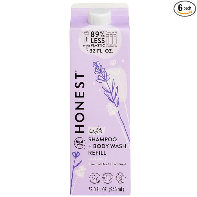 The Honest Company 2-in-1 Cleansing Shampoo Body Wash Refill Carton Gentle for Baby, Naturally Derived, Tear-free, Hypoallergenic, Lavender Calm, 32 fl oz (Pack of 6)