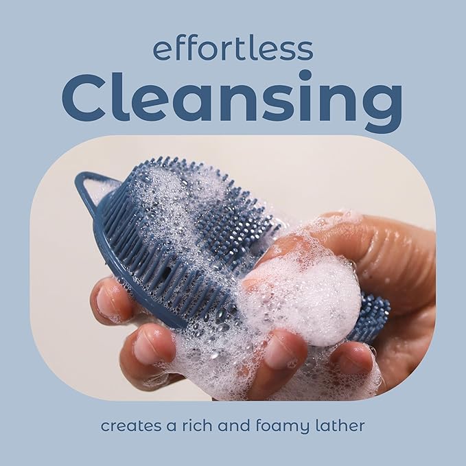 MainBasics Silicone Body Scrubber Dual-Sided Shower Loofah and Massaging Nodes (Dark Blue, Massage)